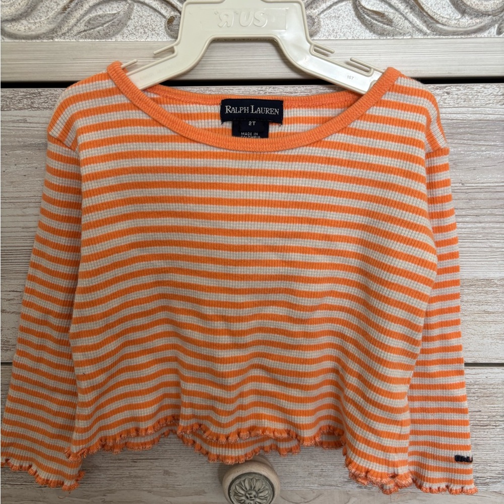 Ralph Lauren Toddler Girls Orange and White Striped Long Sleeve Tee